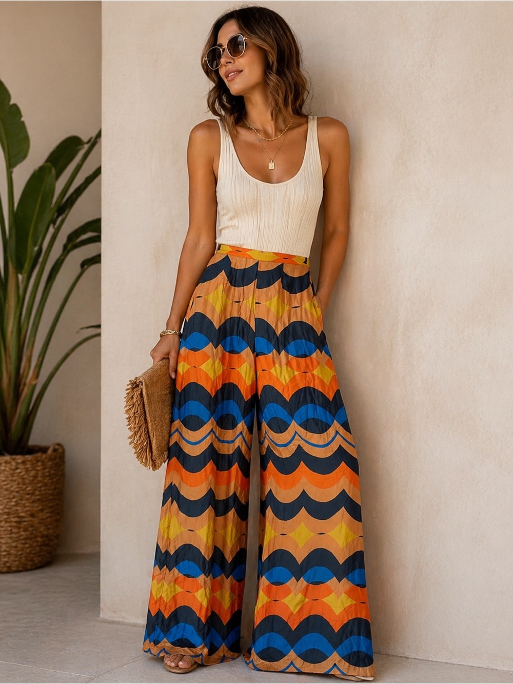 TALULAH Wide Leg Pants in Orange, Blue & Yellow Geometric Print